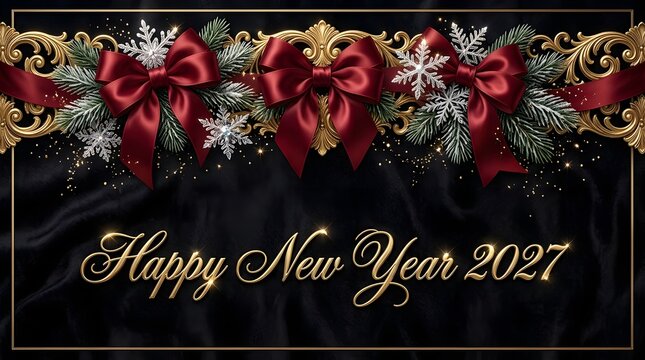 Elegant happy new year 2027 greeting with red bows and gold frame