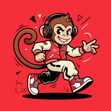 Smiling monkey character running in varsity jacket and headphones.