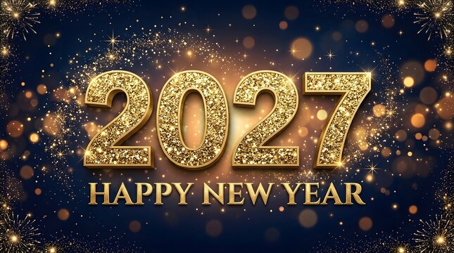 Golden happy new year 2027 text on dark sparkling background