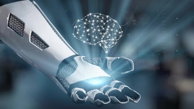 A captivating image of a robotic hand engaging with a digital brain representation, symbolizing the fusion of technology, intelligence, and innovation in contemporary applications. Salient