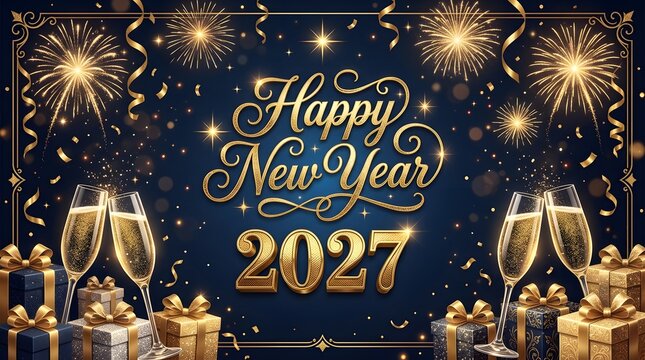 Happy new year 2027 celebration with champagne and gift boxes