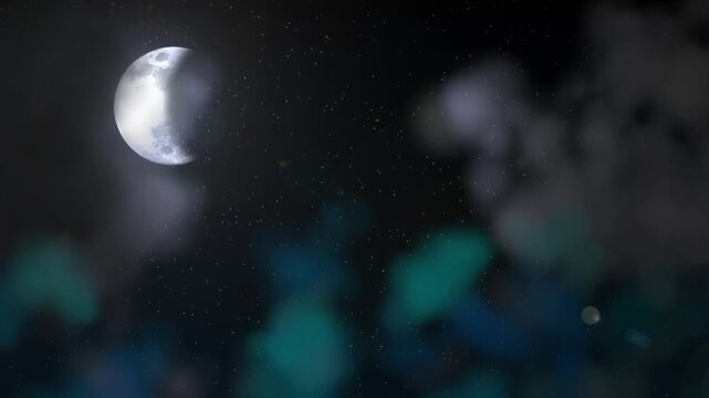 Glowing half moon shining brightly over dark starry night sky background video motion