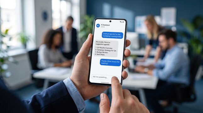 Person using AI assistant app on smartphone to draft agenda in busy modern office background with colleagues working at desks for artificial intelligence productivity technology