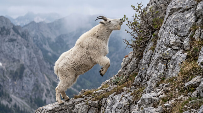 Mountain Goat Standing on Rocky Cliff with Both Front Legs Raised to Reach Alpine Shrub Leaves, Misty Mountain Wildlife Photography
