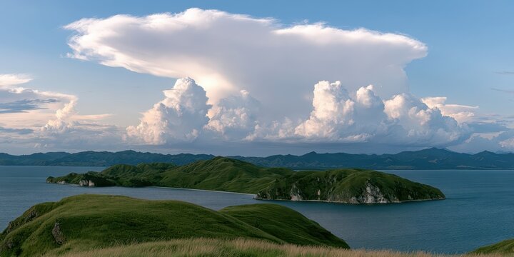 Green rolling islands in the sea under dramatic clouds