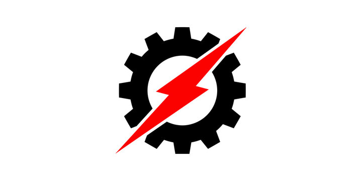 Industrial gear logo with red lightning bolt on transparent background.