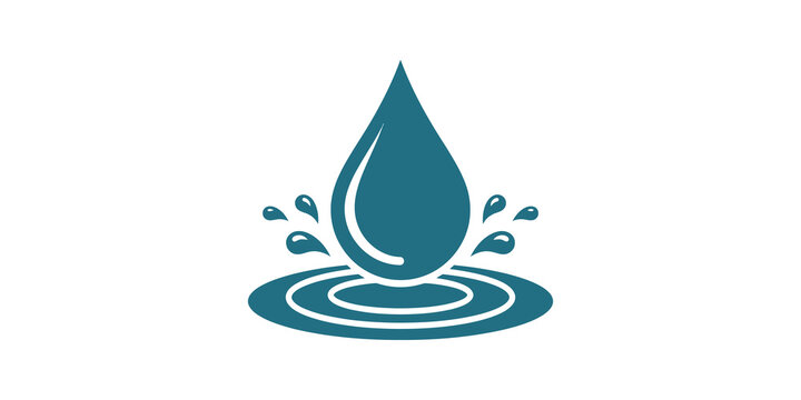 Blue water drop icon with splash and ripple on transparent background.