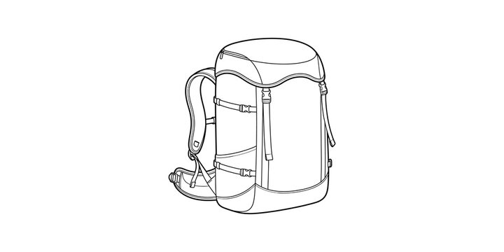 Camping backpack outline illustration featuring black line on plain base.