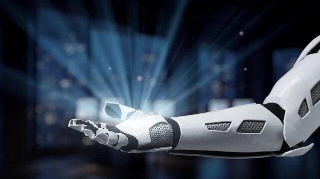 A futuristic robotic hand extends towards vibrant digital icons representing social media and connectivity, emphasizing the blend of technology and human interaction in the modern world. Synapse