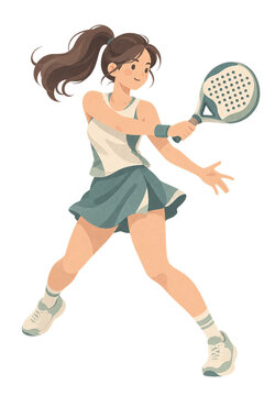 Female padel player hitting a forehand mid swing, pastel textured flat illustration isolated on transparent background