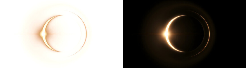 Golden crescent eclipse with a bright glowing flare point and thin horizontal streak for cinematic space designs in PNG, Transparent and Black Background Versions © mac