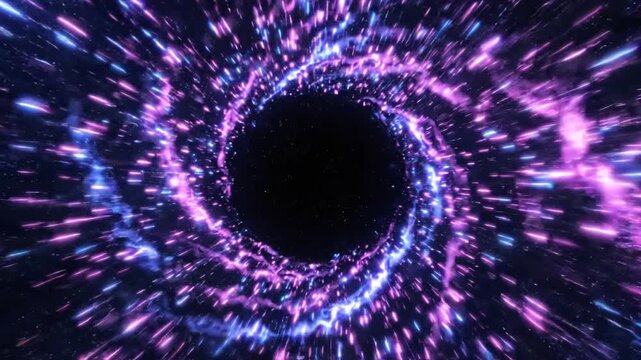 Traveling through a purple glowing wormhole vortex tunnel in space at warp speed