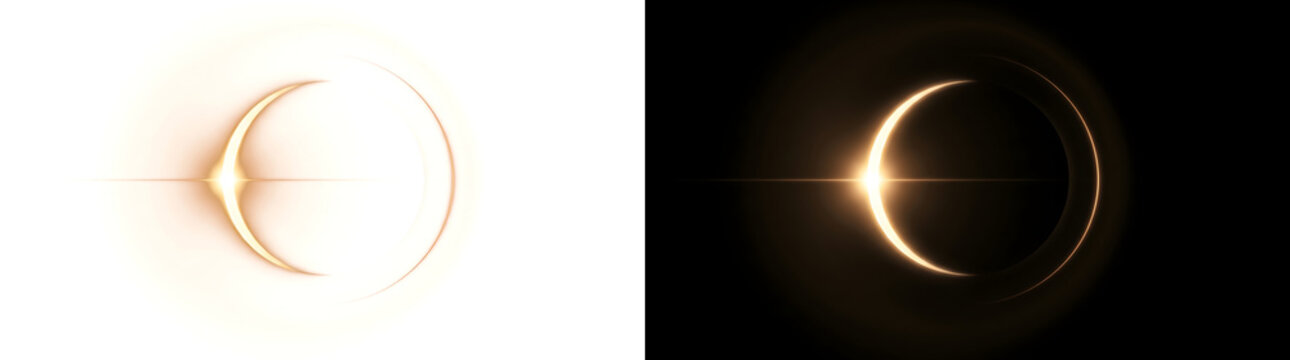 Golden crescent eclipse with a bright glowing flare point and thin horizontal streak for cinematic space designs in PNG, Transparent and Black Background Versions