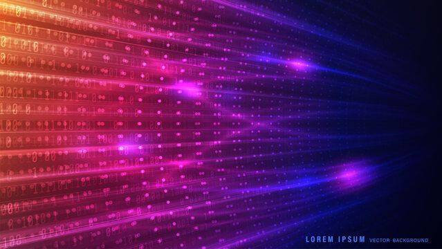 Neon technology vector background with a binary code data stream