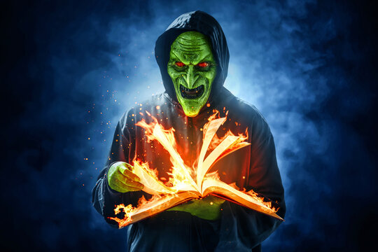 Scary witch holding burning magic spellbook on dark background with smoke mist fog, Halloween theme
