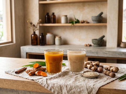two glasses of colorful jamu kunyit asam and beras kencur, with fresh turmeric and ginger roots, on linen cloth, minimalist jamu bar concept, herbal drink, indonesian traditional drink