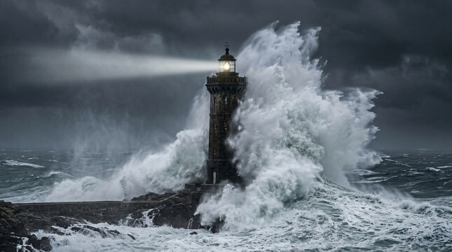Historic lighthouse enduring massive crashing ocean wave during severe coastal storm