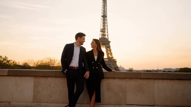 Well-dressed man and woman hold hands and smile at each other beside a stone terrace, with Eiffel Tower rising behind them against warm sunset sky over Paris skyline