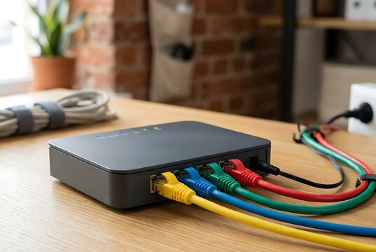 Network Switch with Colorful Connected Ethernet Cables on Wooden Table.