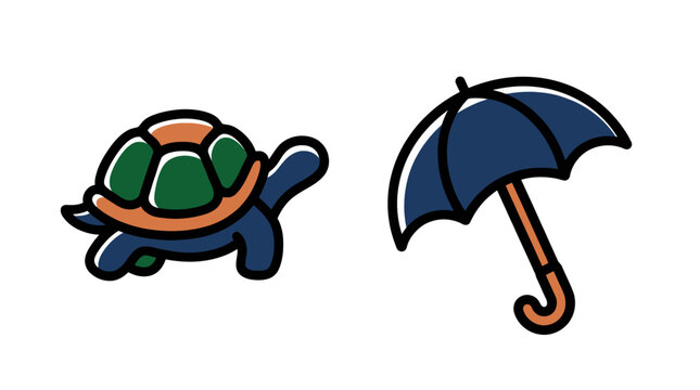 Cute cartoon turtle and open umbrella vector icons set isolated on white background