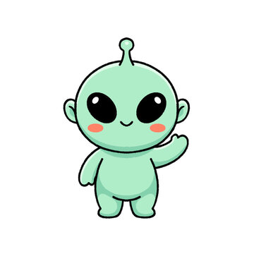 Cute kawaii green alien character waving hand vector illustration isolated on white background