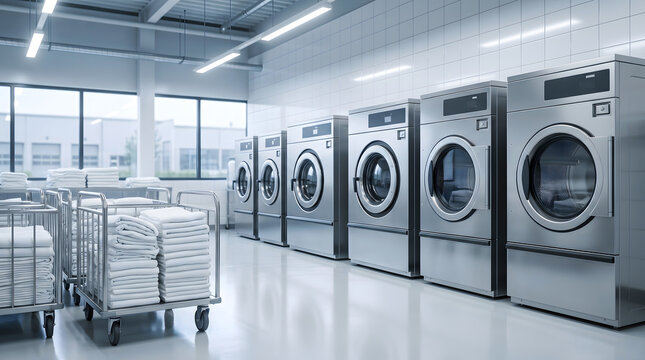 Row of stainless steel industrial washing machines in a bright, white-tiled laundry facility with metal laundry carts