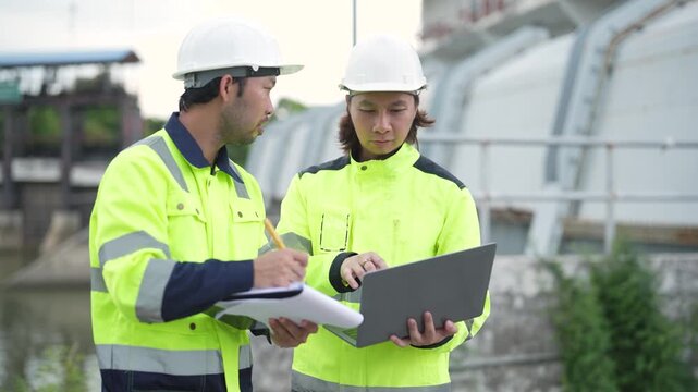 Two water management engineers review clipboard and digital tablet during floodgate inspection, comparing equipment data and maintenance findings at water control infrastructure facility.