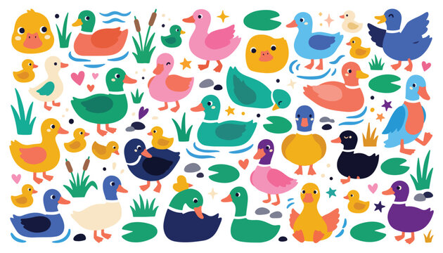 Cute ducks and ducklings clipart set of colorful pond birds with lily pads, cattails and ripples vector illustration