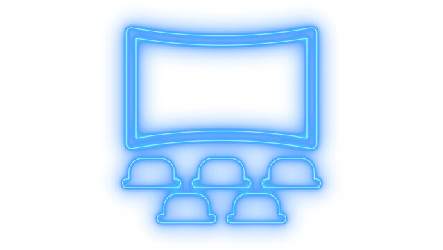 Colorful cinema screen and auditorium seats neon icon representing a movie theater hall or movie watching venue isolated on transparent background for creative entertainment.