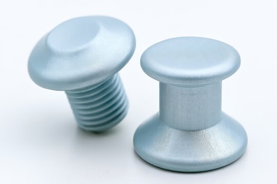 Two light blue metallic fasteners on white background