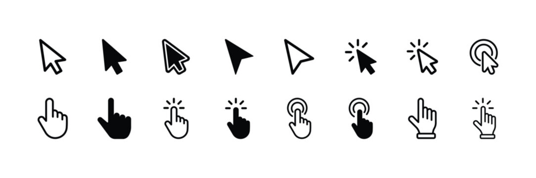 A comprehensive collection of diverse computer cursors and hand icons representing various actions and interface