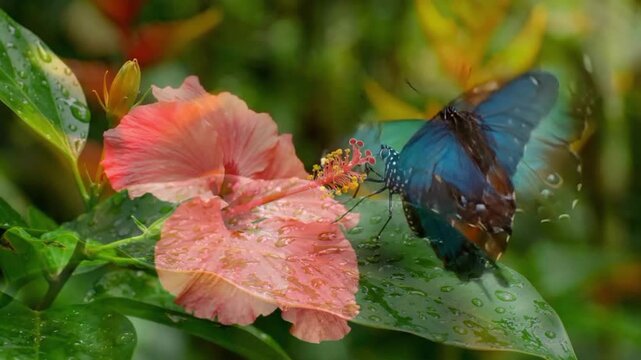 Peleides blue morpho butterfly resting on leaf in tropical setting