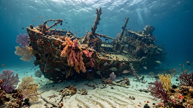Sunken shipwreck under tropical ocean waters, rusty sunken boat covered in coral reefs, underwater scuba diving exploration scene