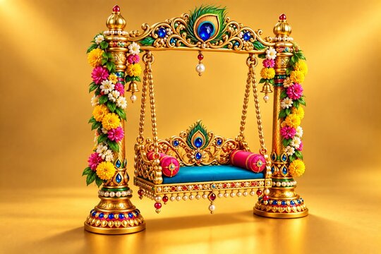 An ornate Krishna jhula decorated with colorful flowers and golden chains, featuring polished gold details, bright pink and yellow hues, and exceptionally strong dimensional depth