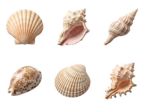 Collection of six various seashells including scallops, conchs, and spotted cowrie shells arranged together isolated on a transparent background