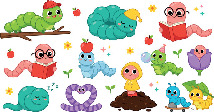 Cute cartoon worms and caterpillars collection set featuring friendly characters reading books sleeping crawling in dirt skating blowing bubbles and eating apples isolated