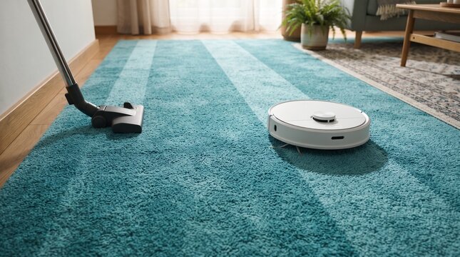 Robot vacuum cleaner and traditional vacuum cleaner working on blue carpet
