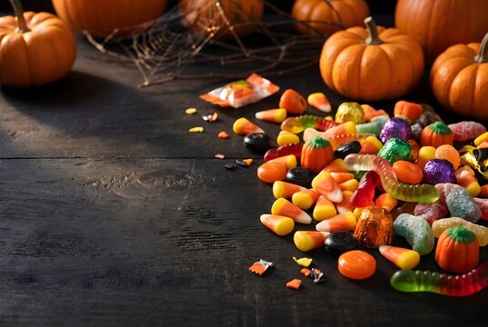 Food photography of colorful Halloween candy arranged on a dark black tabletop