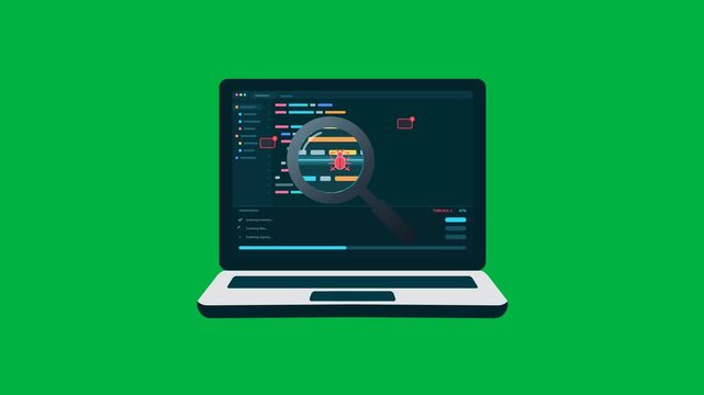 Laptop security scan animation with magnifying glass detecting cyber threats, malware alerts, file inspection, vulnerability analysis, and cybersecurity monitoring on green screen.