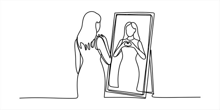 Continuous single line drawing of a woman looking at her reflection in a standing mirror and making a heart shape with her hands to show self love and care