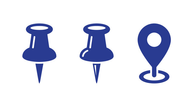 Graphic icon set featuring two pushpins and a location marker location stationery interface application business planning organizing important attention minimalist