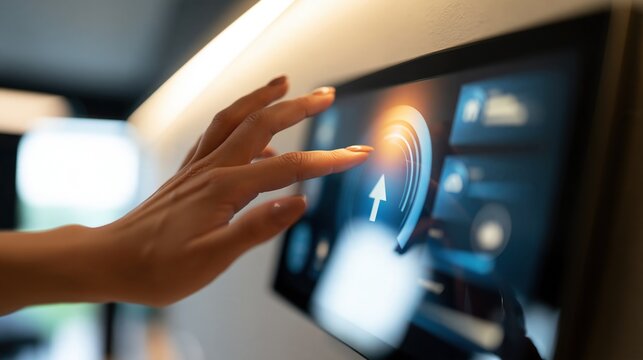 Hand touching modern smart home touch screen interface for climate control and digital automation
