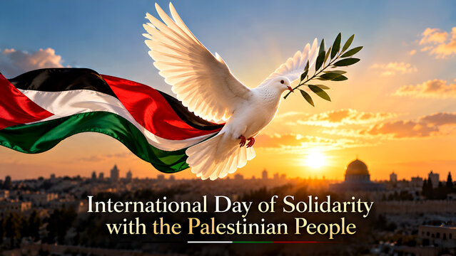 International Day of Solidarity with the Palestinian People featuring a white dove and flag.