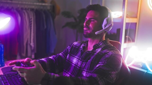 Man holds controller with hands on gamepad and wears headset, gazing at screen in studio; focused gaming.