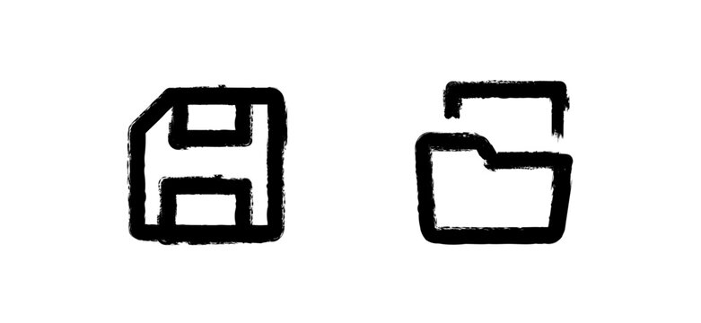 Floppy disk storage and folder directory icons drawn in rough sketch style for digital file management and computer data saving systems
