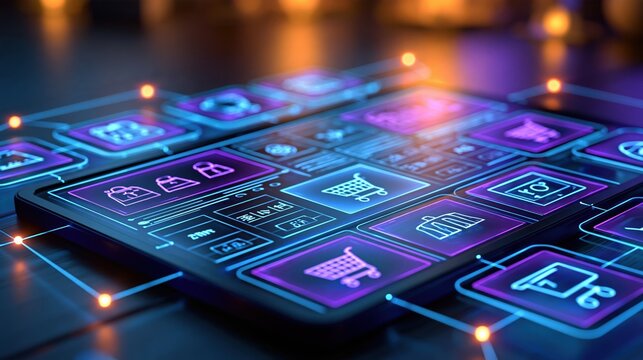Digital E-commerce Interface on Smartphone Screen with Glowing Icons and Connected Network