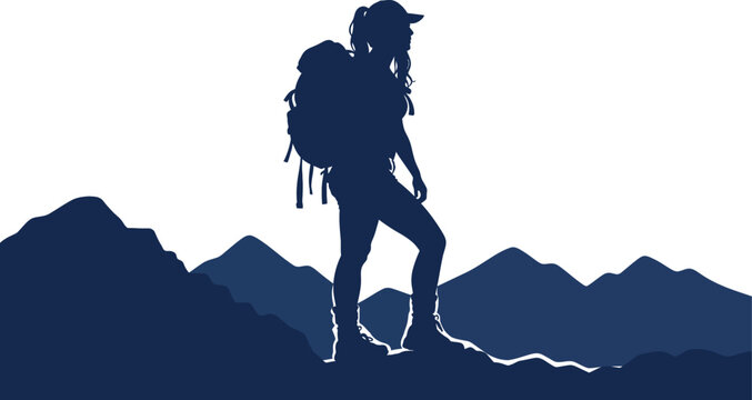 Silhouette of Female Hiker with Backpack Standing on a Mountain Peak at Dawn, Adventure Travel and Outdoor Exploration Concept Vector Illustration for Wilderness and Tourism Designs.