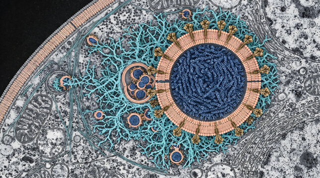 Color enhanced electron microscope image showing detailed cellular mitochondria structure