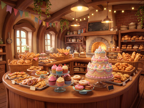 Cozy cartoon bakery interior filled with fresh bread, pastries, cupcakes, tiered cake, and a glowing stone oven   