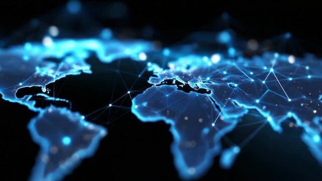 Abstract digital world map showing interconnected network nodes and glowing data connection lines across the globe